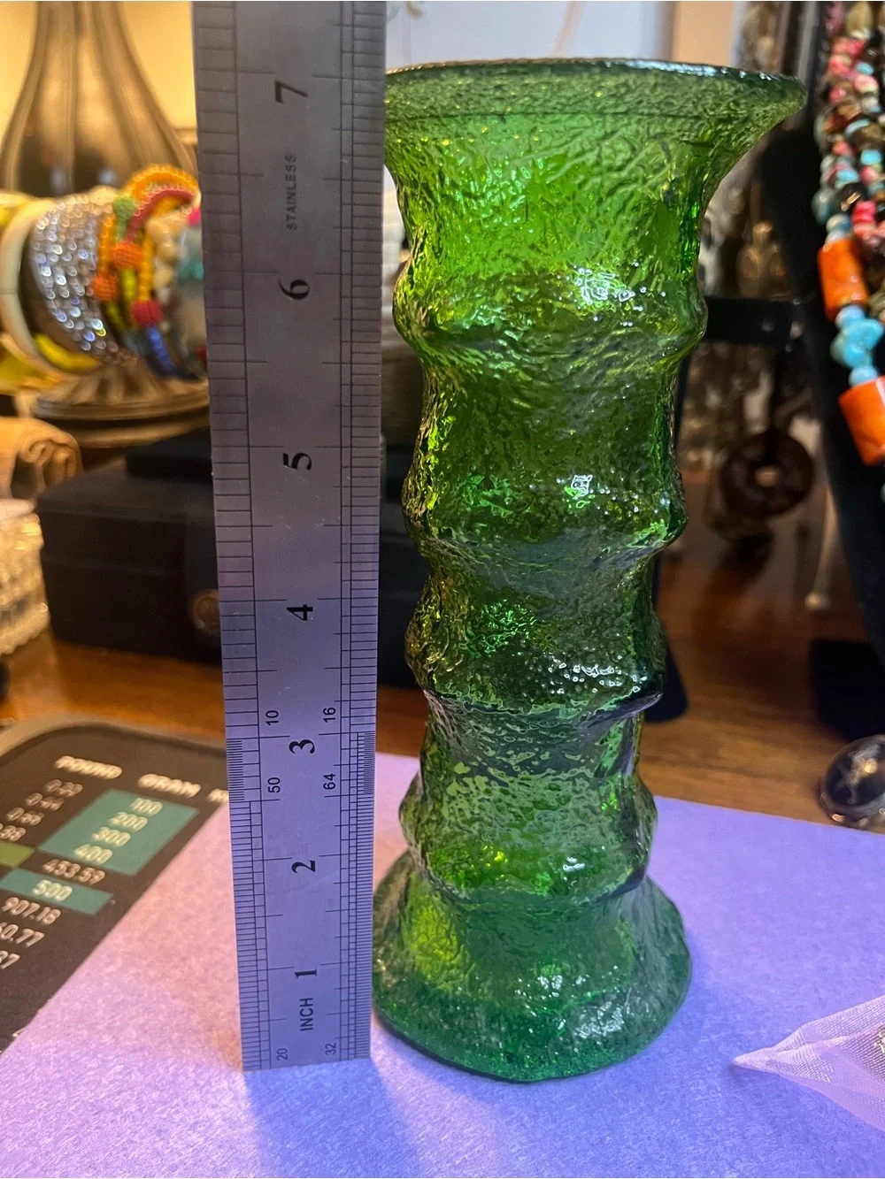 Vintage green textured glass bamboo vase 7 inch